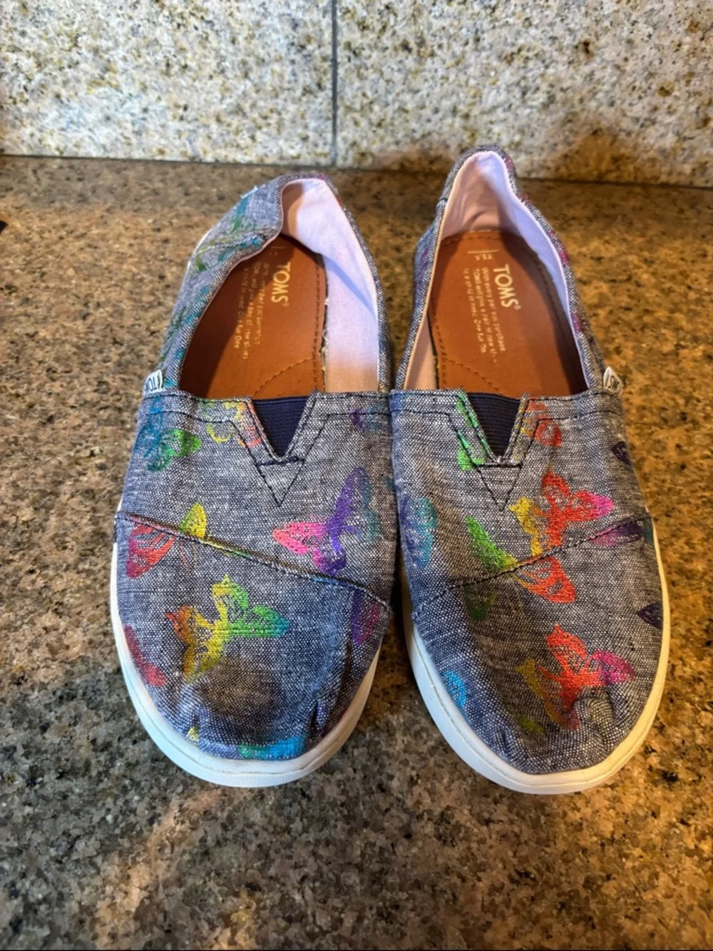 TOMS Gray Slip-On Shoes with Multicolor Butterfly Accents